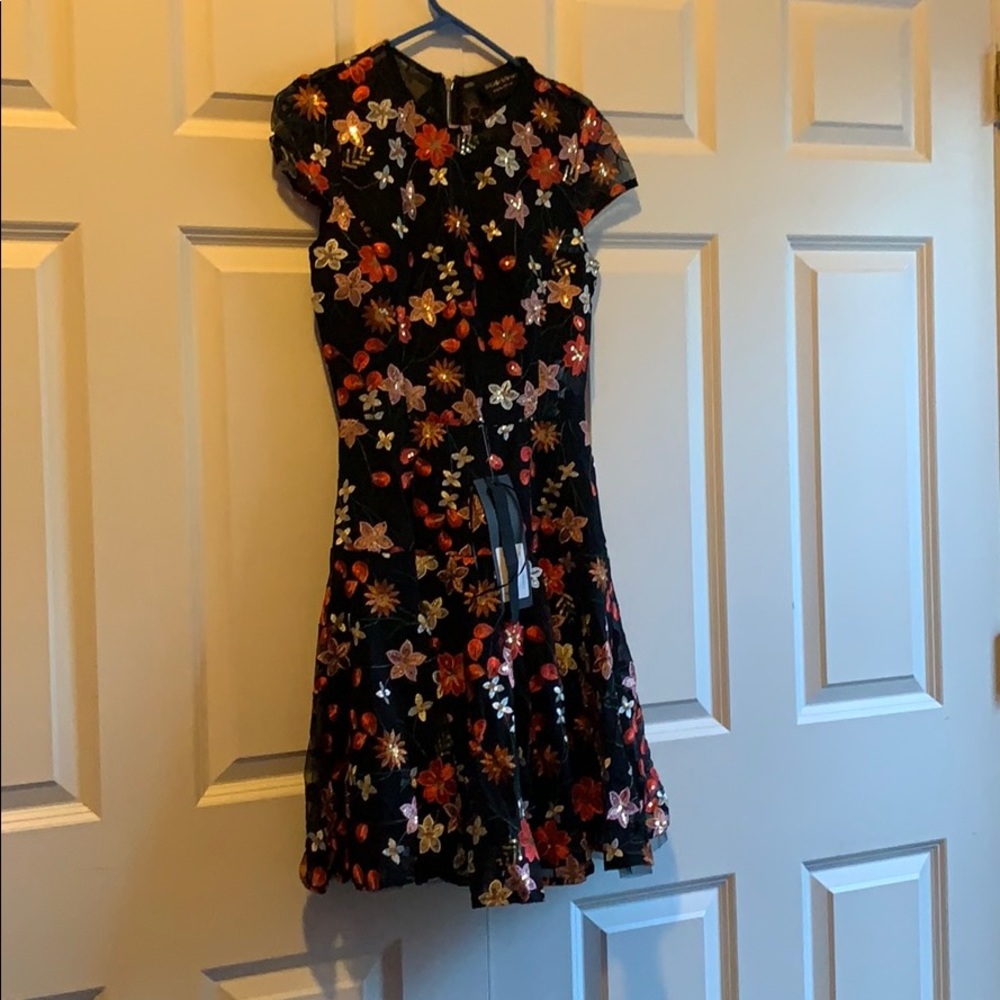 Black Bronx & Banco floral embroidered mini dress